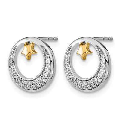 14K Gelbgold-Ohrstecker, zweifarbig, poliert, Mond und Sterne mit echten Diamanten