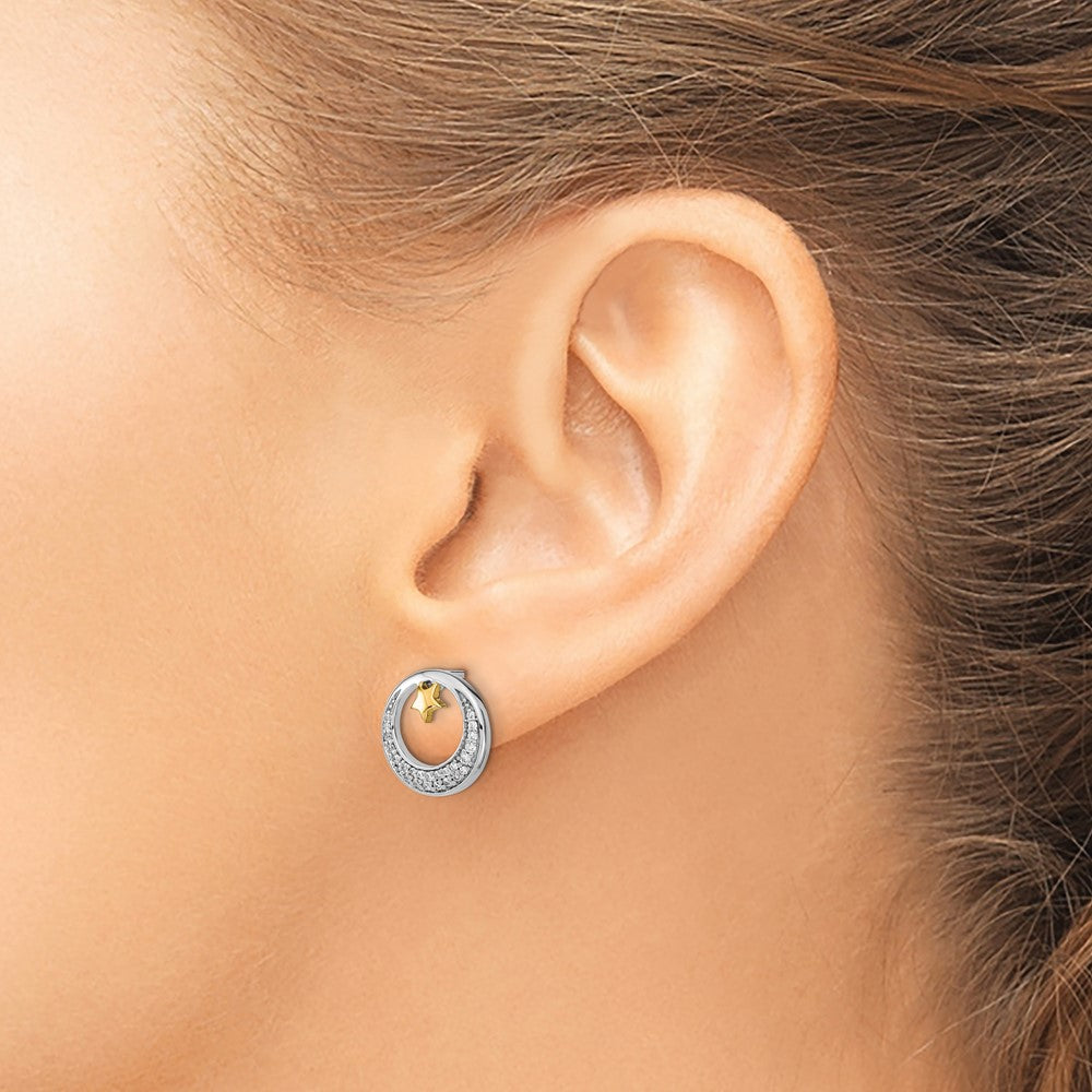 14K Gelbgold-Ohrstecker, zweifarbig, poliert, Mond und Sterne mit echten Diamanten