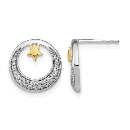 14K Gelbgold-Ohrstecker, zweifarbig, poliert, Mond und Sterne mit echten Diamanten