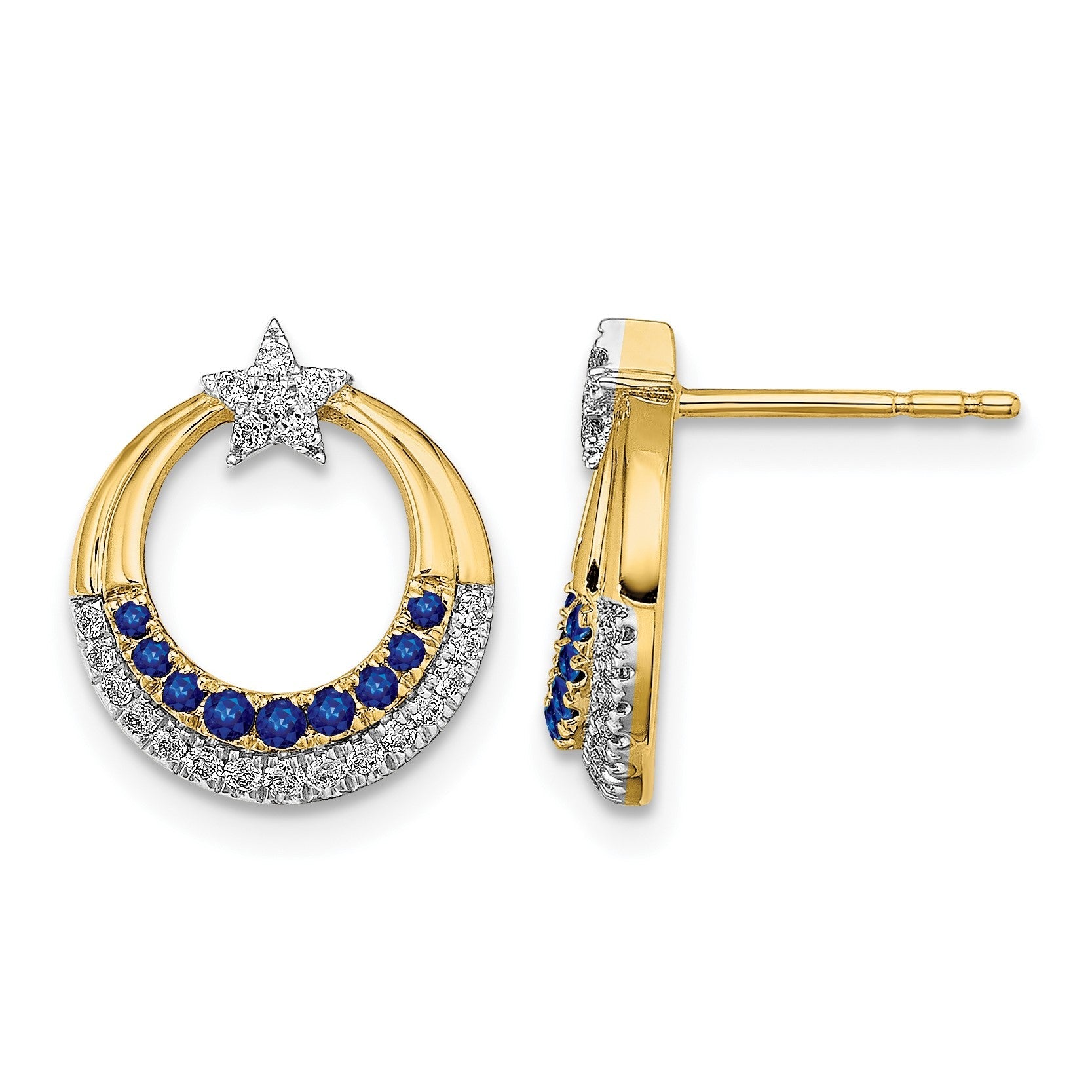 14K Gelbgold Polierte Saphir- und Echt-Diamant-Stern-und-Kreis-Ohrstecker