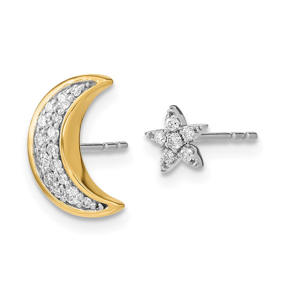 14K Gelbgold Zweifarbig Mond-und-Stern Echtdiamant Mismatch-Ohrstecker