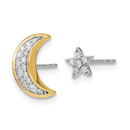 14K Gelbgold Zweifarbig Mond-und-Stern Echtdiamant Mismatch-Ohrstecker