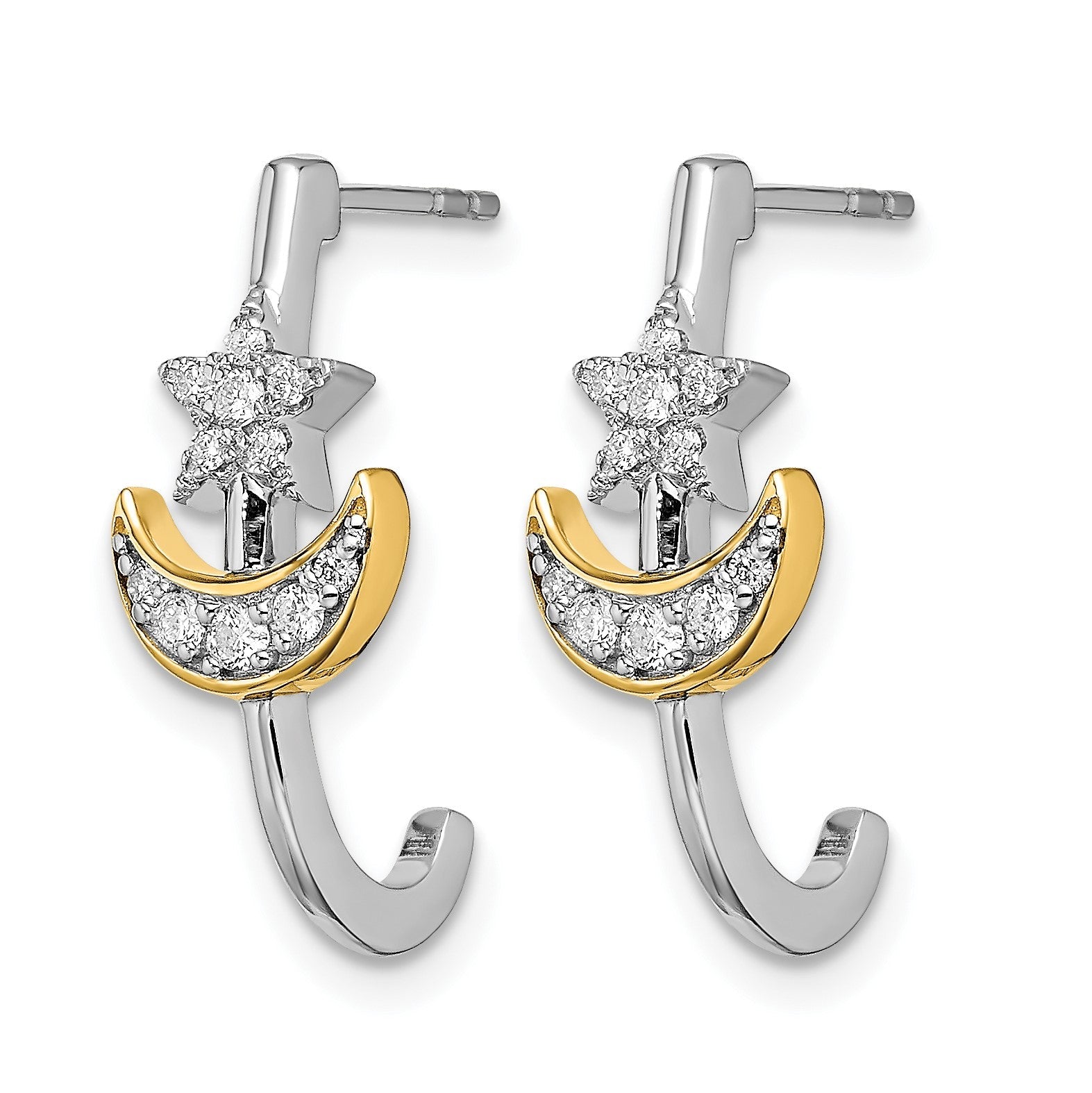 14K Gelbgold Zweifarbig Mond mit Stern Echter Diamant J-Creolen mit Stecker