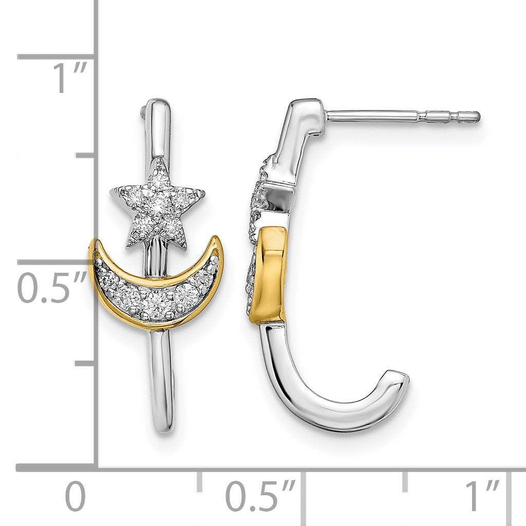 14K Gelbgold Zweifarbig Mond mit Stern Echter Diamant J-Creolen mit Stecker