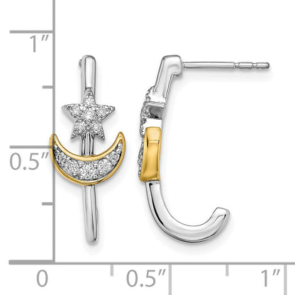 14K Gelbgold Zweifarbig Mond mit Stern Echter Diamant J-Creolen mit Stecker