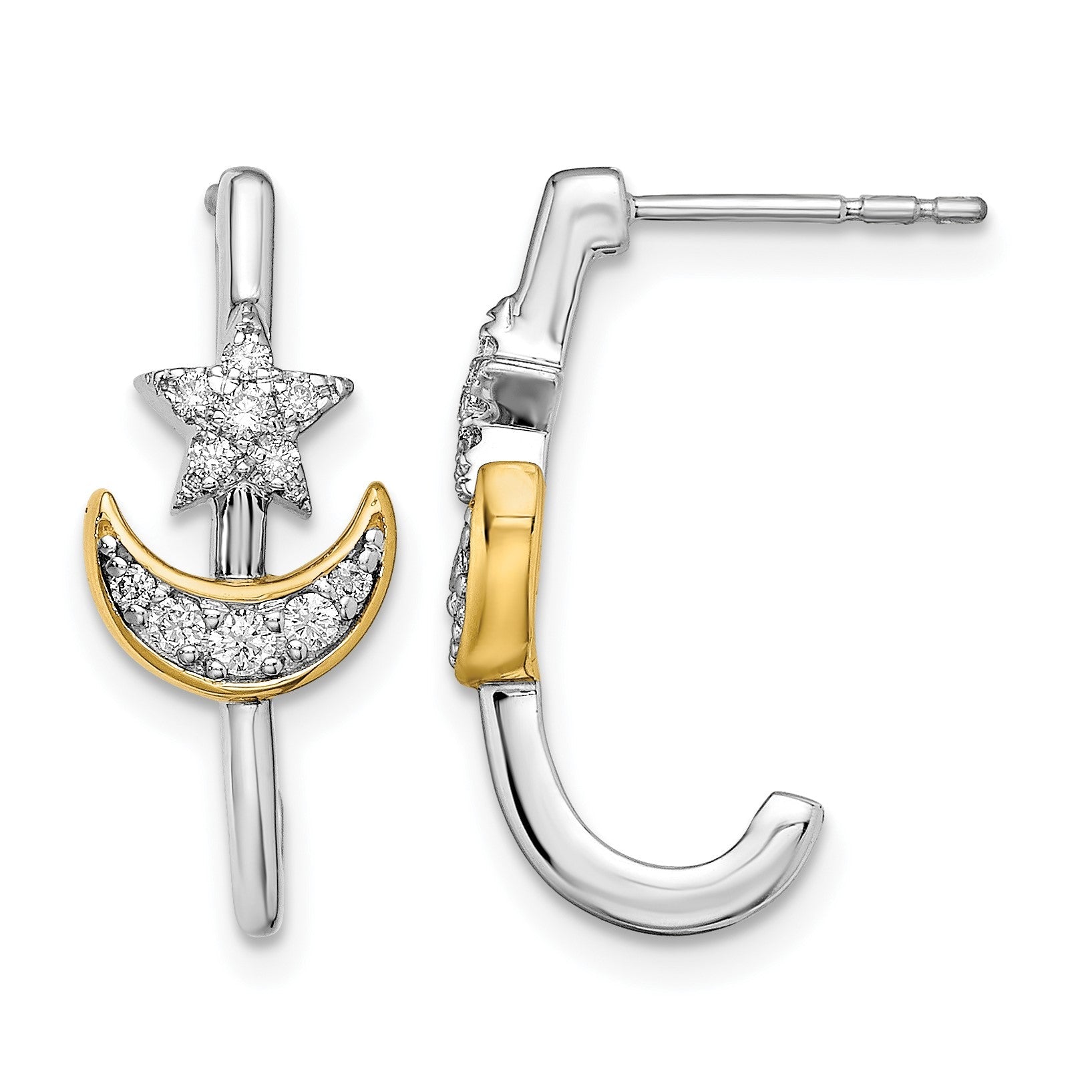 14K Gelbgold Zweifarbig Mond mit Stern Echter Diamant J-Creolen mit Stecker