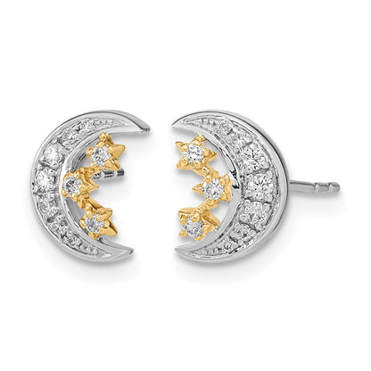 14K Gelbgold Zweifarbig Mond mit 3 Sternen Echter Diamant Ohrstecker