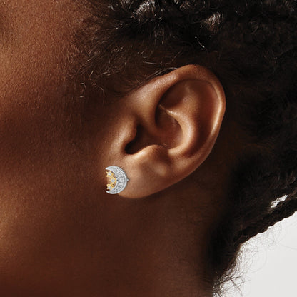 14K Gelbgold Zweifarbig Mond mit 3 Sternen Echter Diamant Ohrstecker