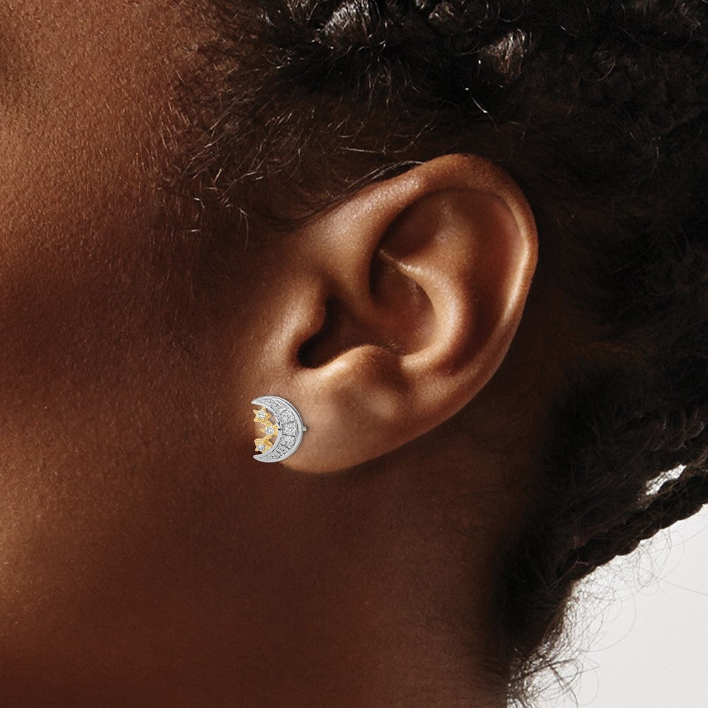 14K Gelbgold Zweifarbig Mond mit 3 Sternen Echter Diamant Ohrstecker