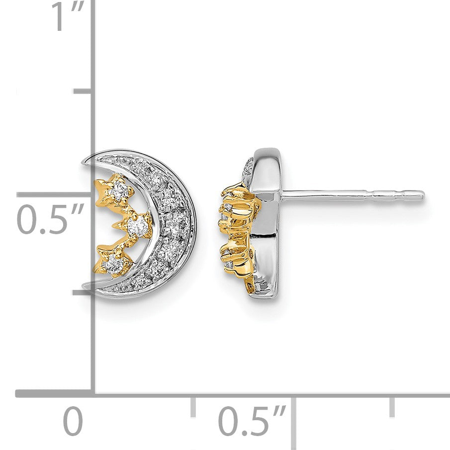 14K Gelbgold Zweifarbig Mond mit 3 Sternen Echter Diamant Ohrstecker