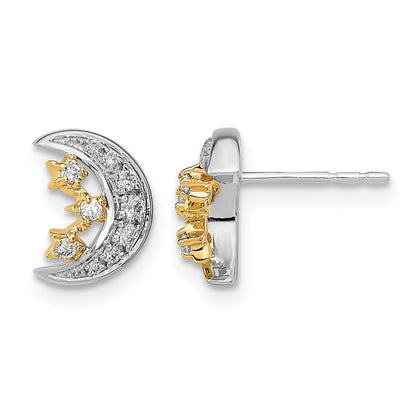 14K Gelbgold Zweifarbig Mond mit 3 Sternen Echter Diamant Ohrstecker
