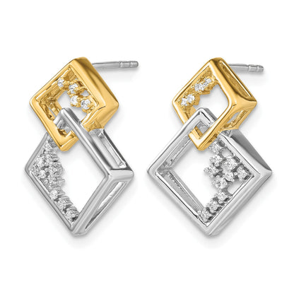 14K Gelbgold Zweifarbige Polierte Doppel-Quadrat Echte Diamant-Ohrstecker