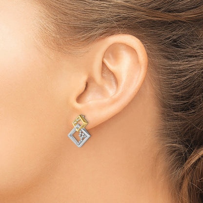 14K Gelbgold Zweifarbige Polierte Doppel-Quadrat Echte Diamant-Ohrstecker