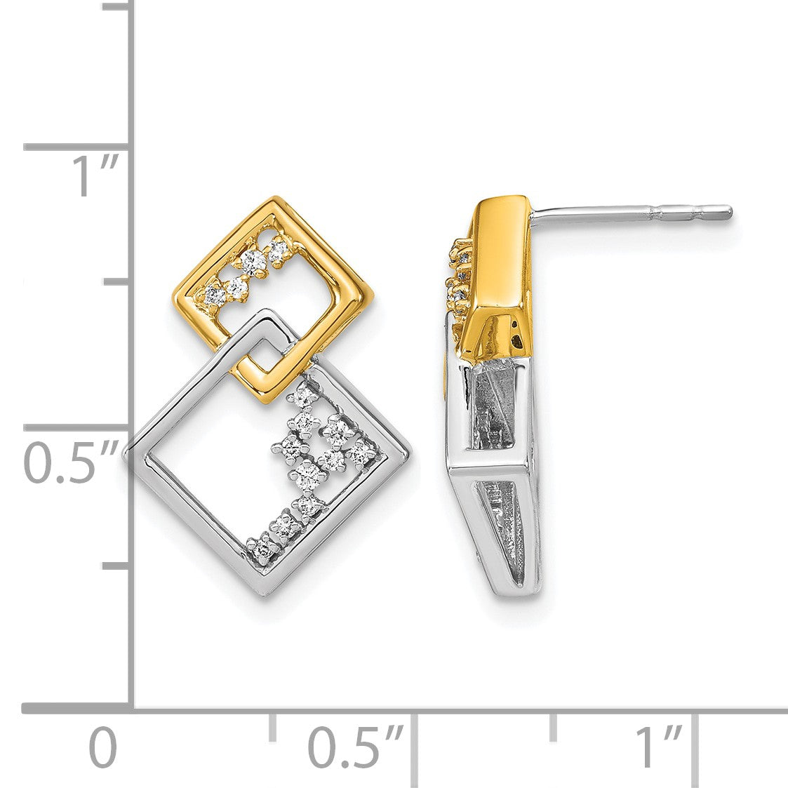 14K Gelbgold Zweifarbige Polierte Doppel-Quadrat Echte Diamant-Ohrstecker