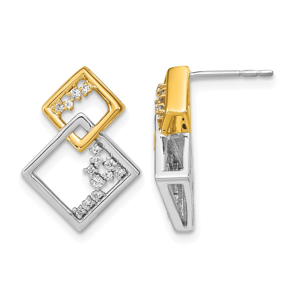 14K Gelbgold Zweifarbige Polierte Doppel-Quadrat Echte Diamant-Ohrstecker