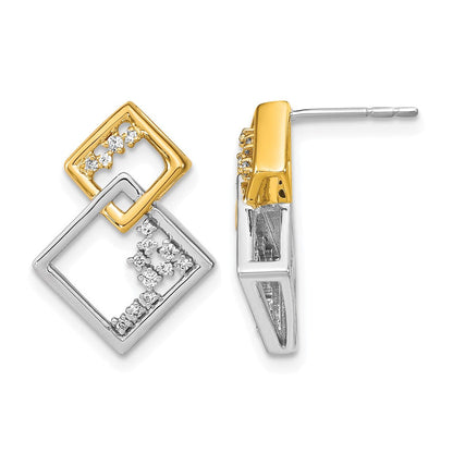 14K Gelbgold Zweifarbige Polierte Doppel-Quadrat Echte Diamant-Ohrstecker