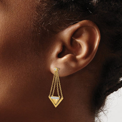14K Gelbgold Ohrhänger mit satinierten/polierten echten Diamanten, Dreieck-Kette, mit Stecker