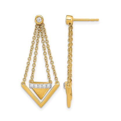 14K Gelbgold Ohrhänger mit satinierten/polierten echten Diamanten, Dreieck-Kette, mit Stecker