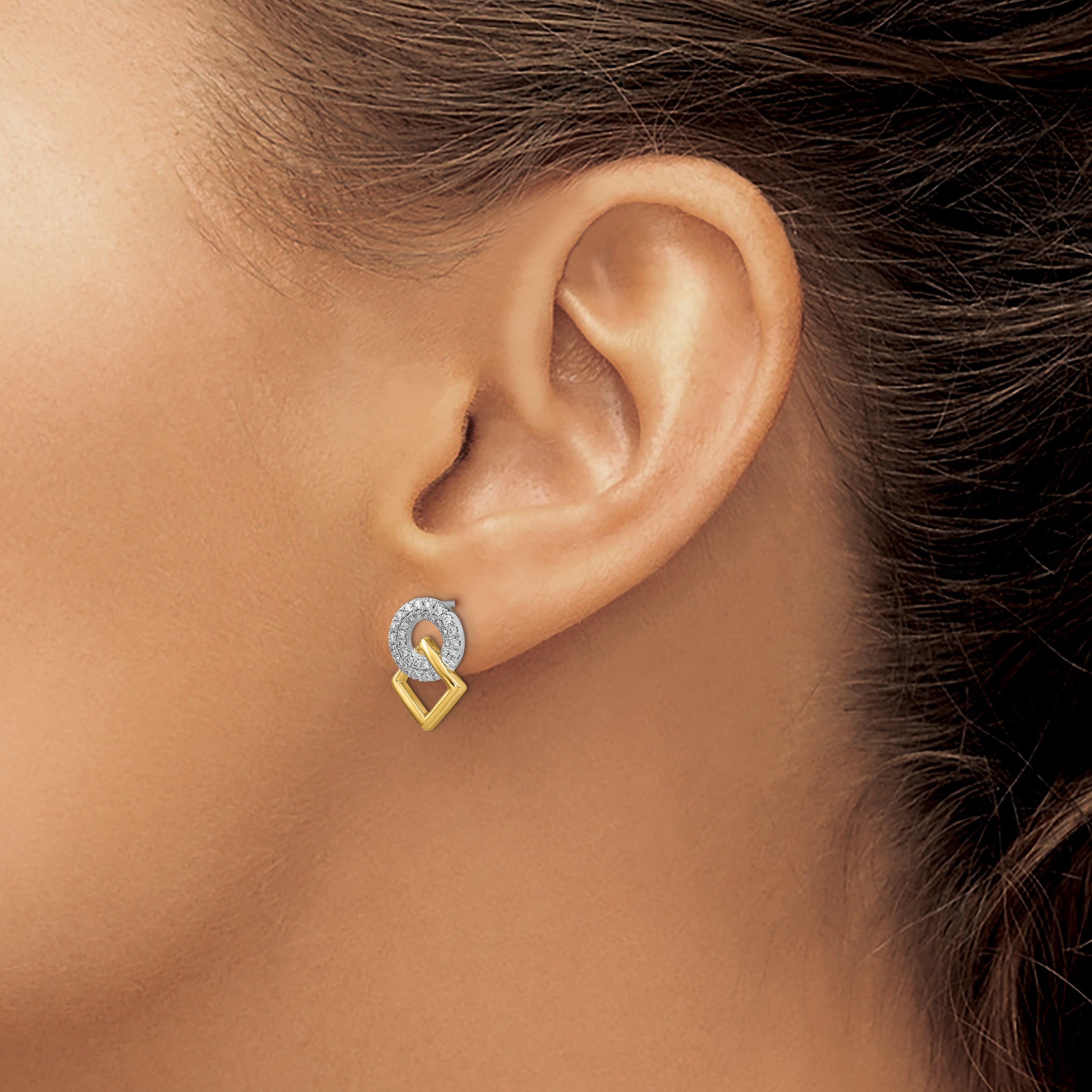 14K Gelbgold Zweifarbig Poliert Echte Diamant Kreis- und Quadrat-Ohrstecker