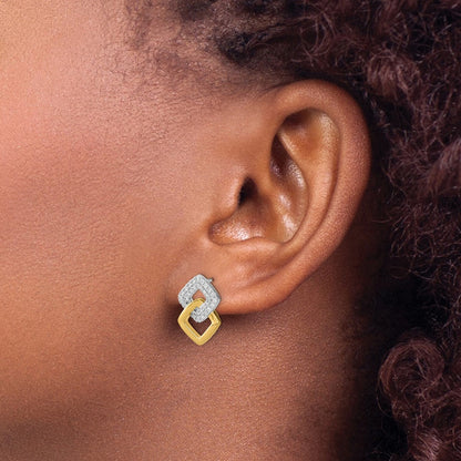 14K Gelbgold Zweifarbig Poliert Echte Diamant Doppelte Quadratische Ohrstecker