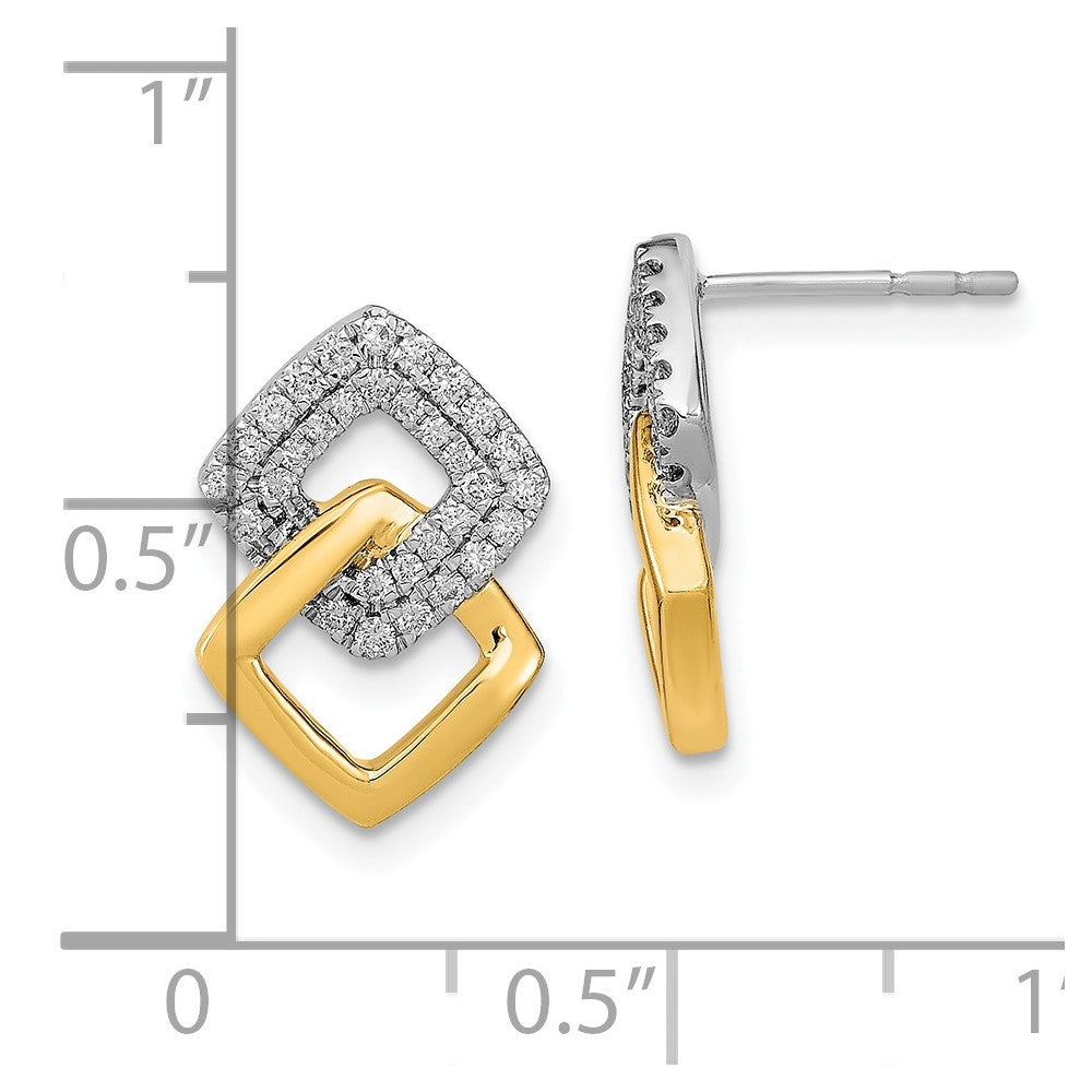 14K Gelbgold Zweifarbig Poliert Echte Diamant Doppelte Quadratische Ohrstecker