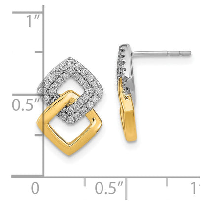 14K Gelbgold Zweifarbig Poliert Echte Diamant Doppelte Quadratische Ohrstecker