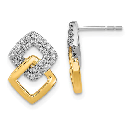 14K Gelbgold Zweifarbig Poliert Echte Diamant Doppelte Quadratische Ohrstecker