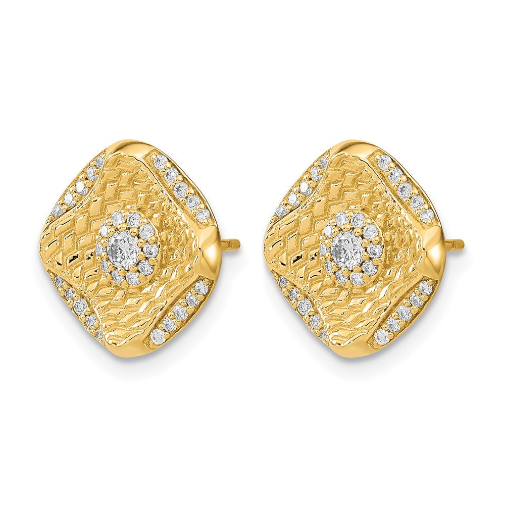 14K Gelbgold polierte quadratische Ohrstecker mit echten Diamanten im Flechtdesign
