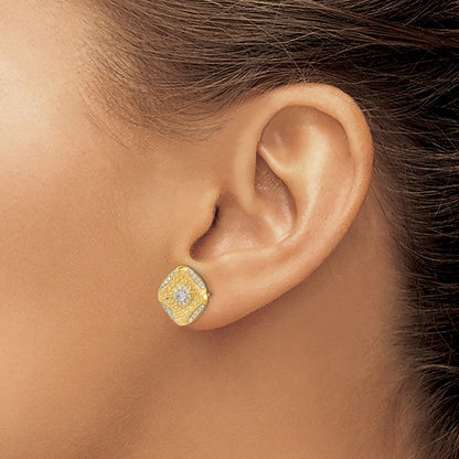 14K Gelbgold polierte quadratische Ohrstecker mit echten Diamanten im Flechtdesign