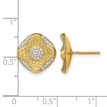 14K Gelbgold polierte quadratische Ohrstecker mit echten Diamanten im Flechtdesign