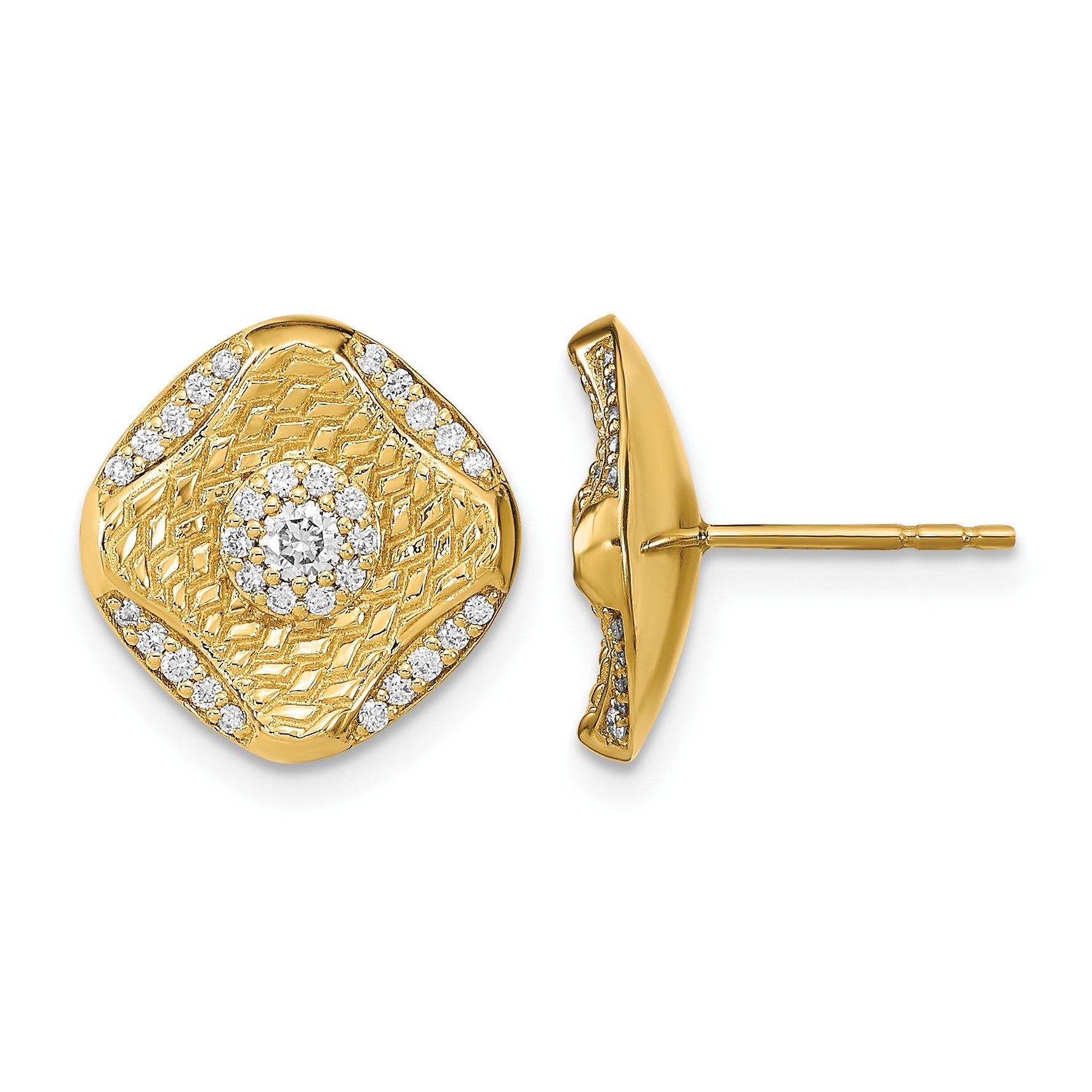 14K Gelbgold polierte quadratische Ohrstecker mit echten Diamanten im Flechtdesign