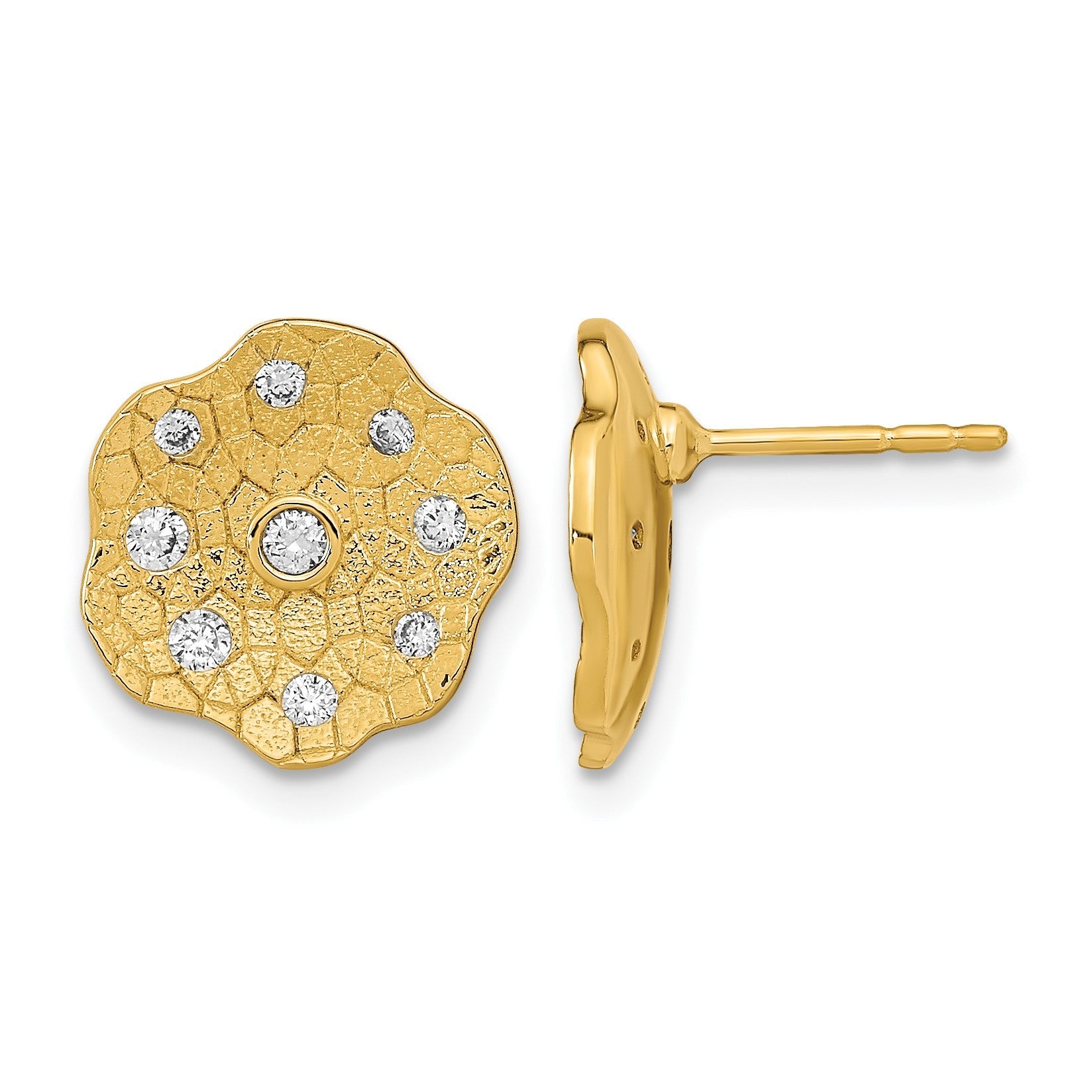 14K Gelbgold Ohrstecker mit Kreis-Design, poliert und texturiert, mit echten Diamanten