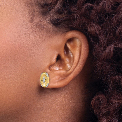 14K Gelbgold Ohrstecker, poliert und texturiert, mit ovaler Fassung und echten Diamanten