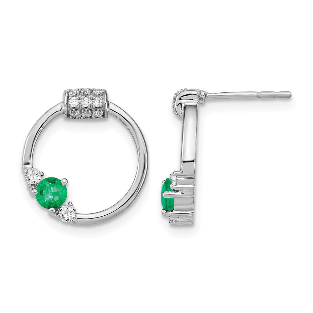 14K Weißgold Ohrstecker mit echten Diamanten und Smaragden, rund, poliert