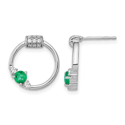 14K Weißgold Ohrstecker mit echten Diamanten und Smaragden, rund, poliert