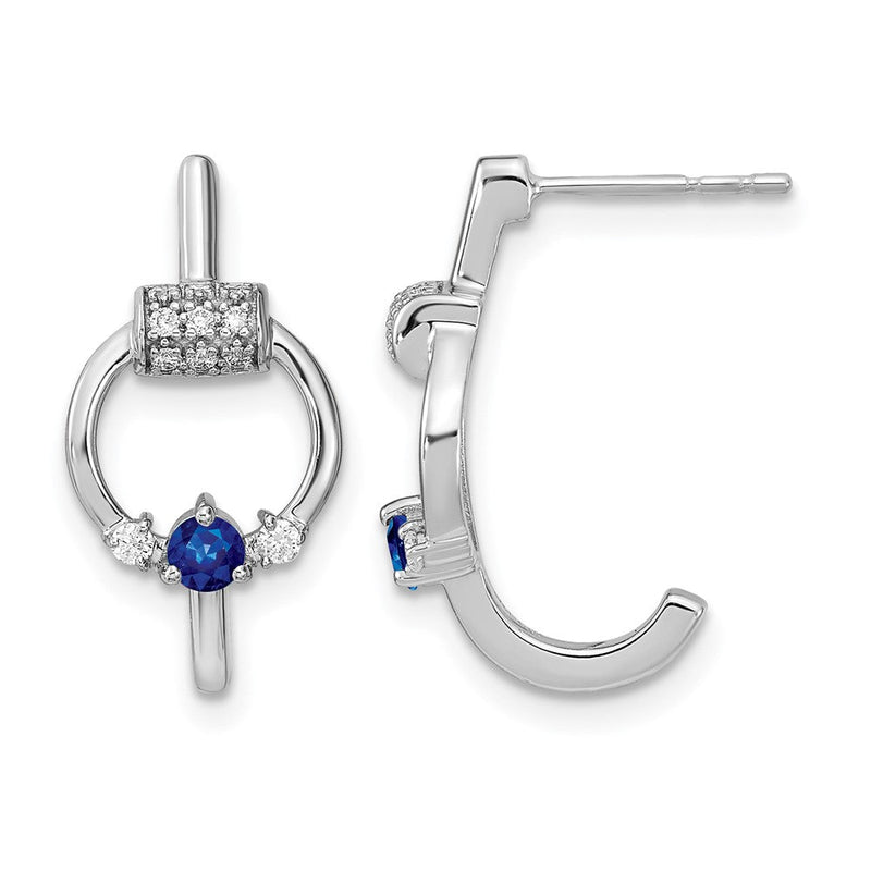 14K Weißgold Creolen mit echten Diamanten und blauem Saphir, poliert, Kreis-Design