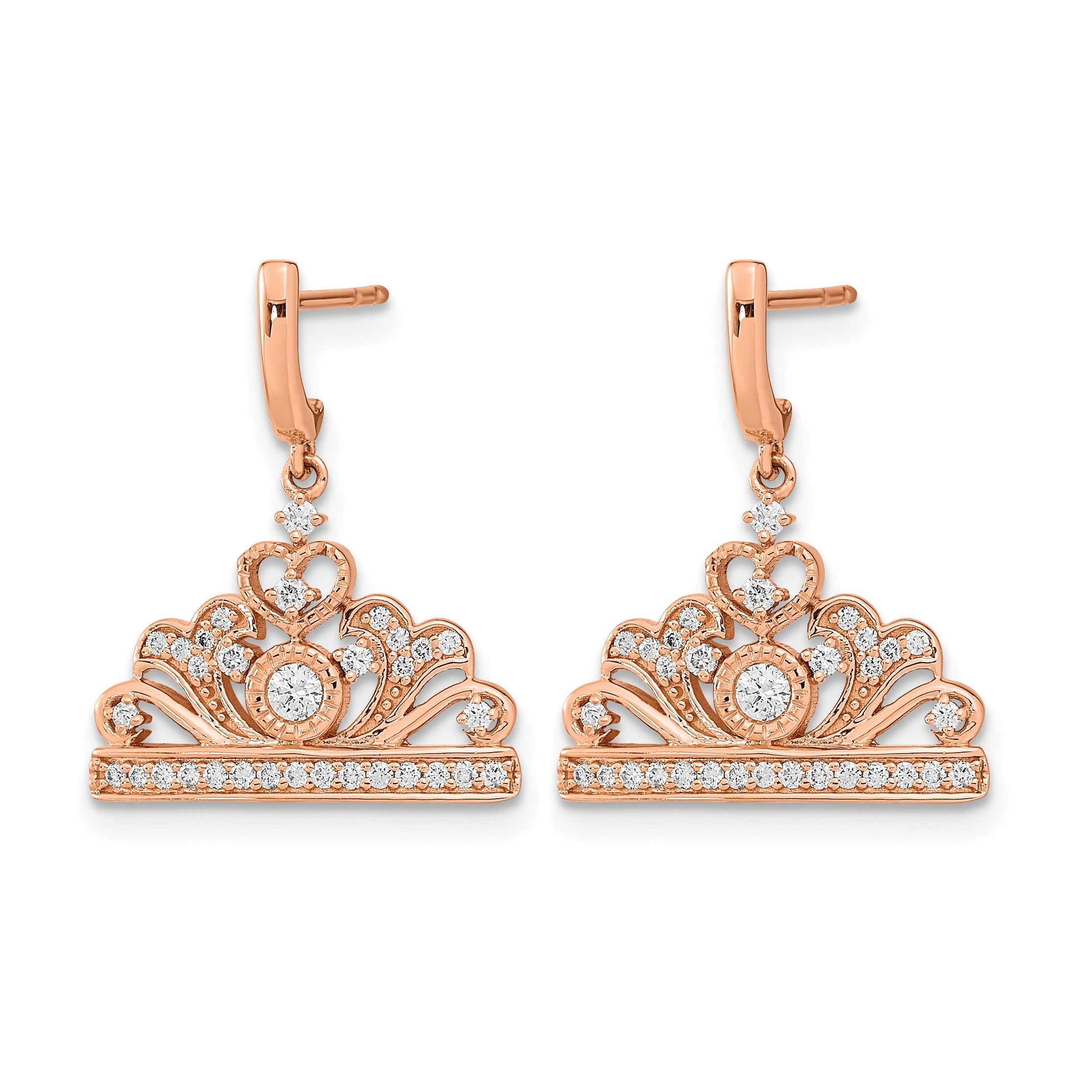 14K Roségold polierte Ohrhänger mit echten Diamanten in Tiara-Design mit Stecker