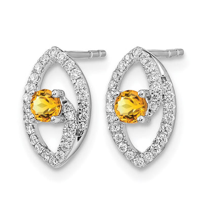 14K Weißgold Polierte Ohrstecker mit echten Diamanten und Citrin