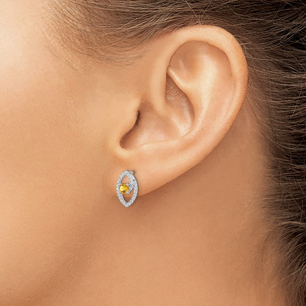 14K Weißgold Polierte Ohrstecker mit echten Diamanten und Citrin