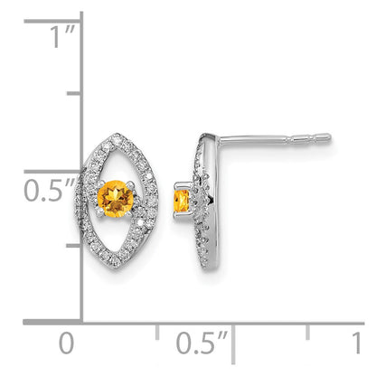 14K Weißgold Polierte Ohrstecker mit echten Diamanten und Citrin