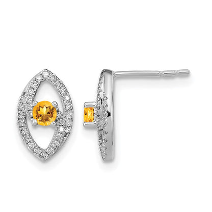 14K Weißgold Polierte Ohrstecker mit echten Diamanten und Citrin
