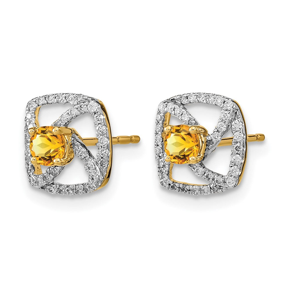 14K Gelbgold polierte quadratische Ohrstecker mit echtem Diamant und Citrin