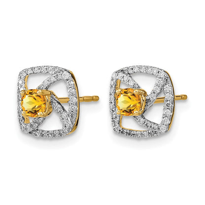 14K Gelbgold polierte quadratische Ohrstecker mit echtem Diamant und Citrin
