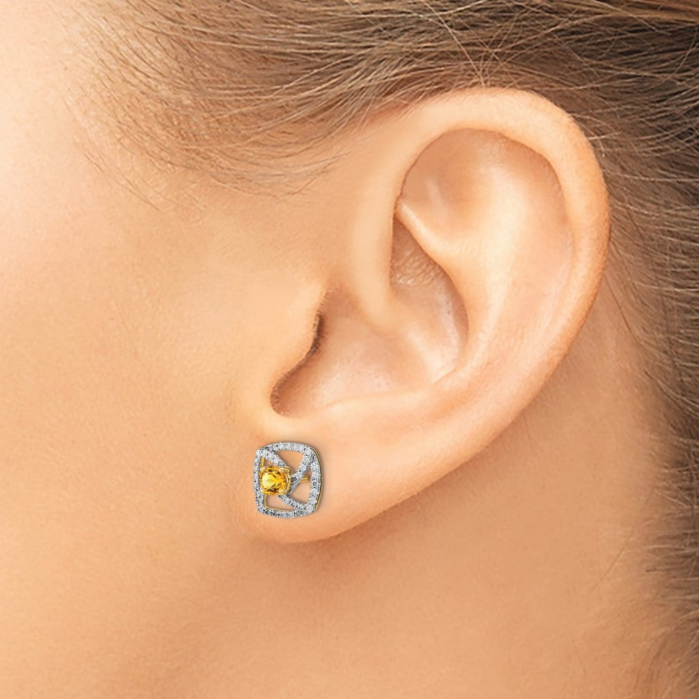 14K Gelbgold polierte quadratische Ohrstecker mit echtem Diamant und Citrin
