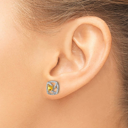 14K Gelbgold polierte quadratische Ohrstecker mit echtem Diamant und Citrin