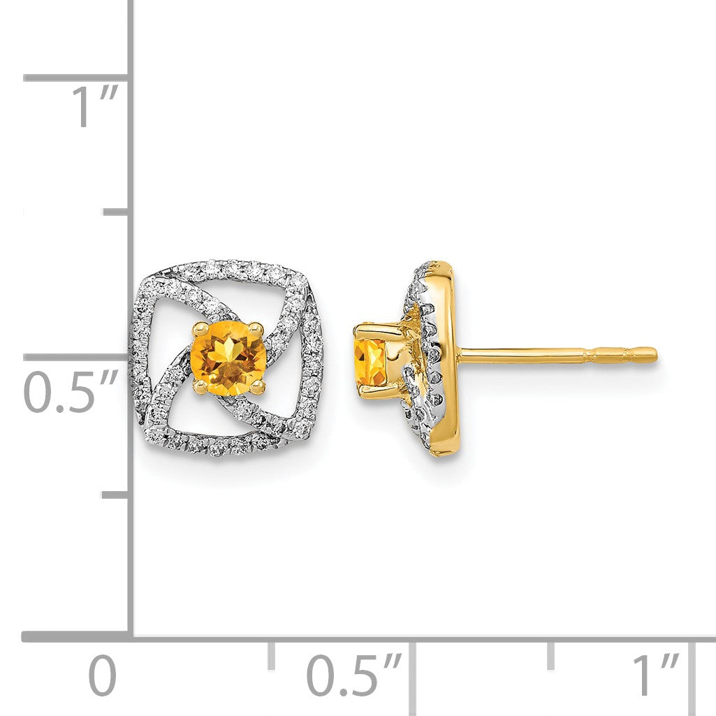 14K Gelbgold polierte quadratische Ohrstecker mit echtem Diamant und Citrin