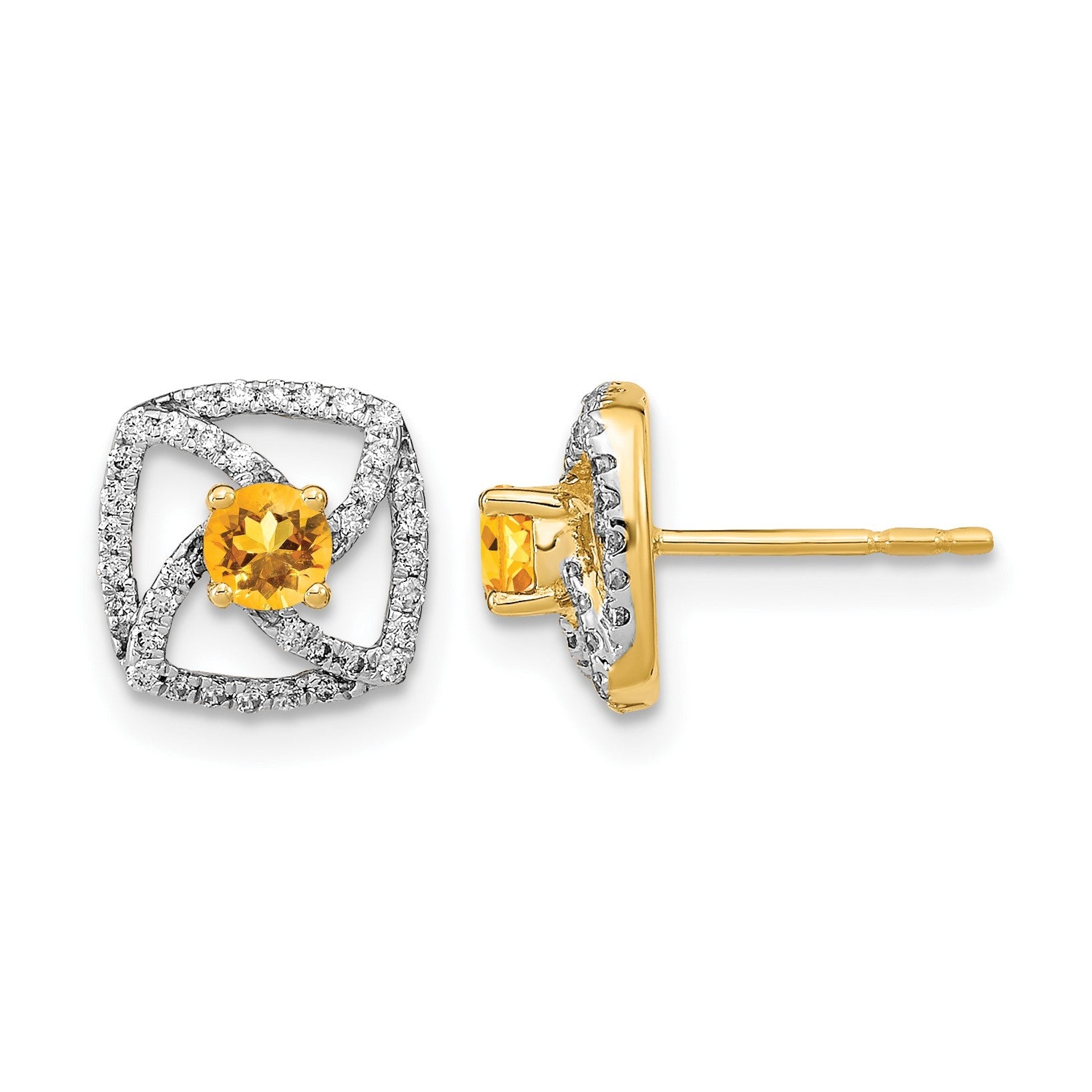 14K Gelbgold polierte quadratische Ohrstecker mit echtem Diamant und Citrin