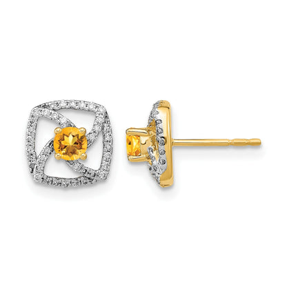 14K Gelbgold polierte quadratische Ohrstecker mit echtem Diamant und Citrin