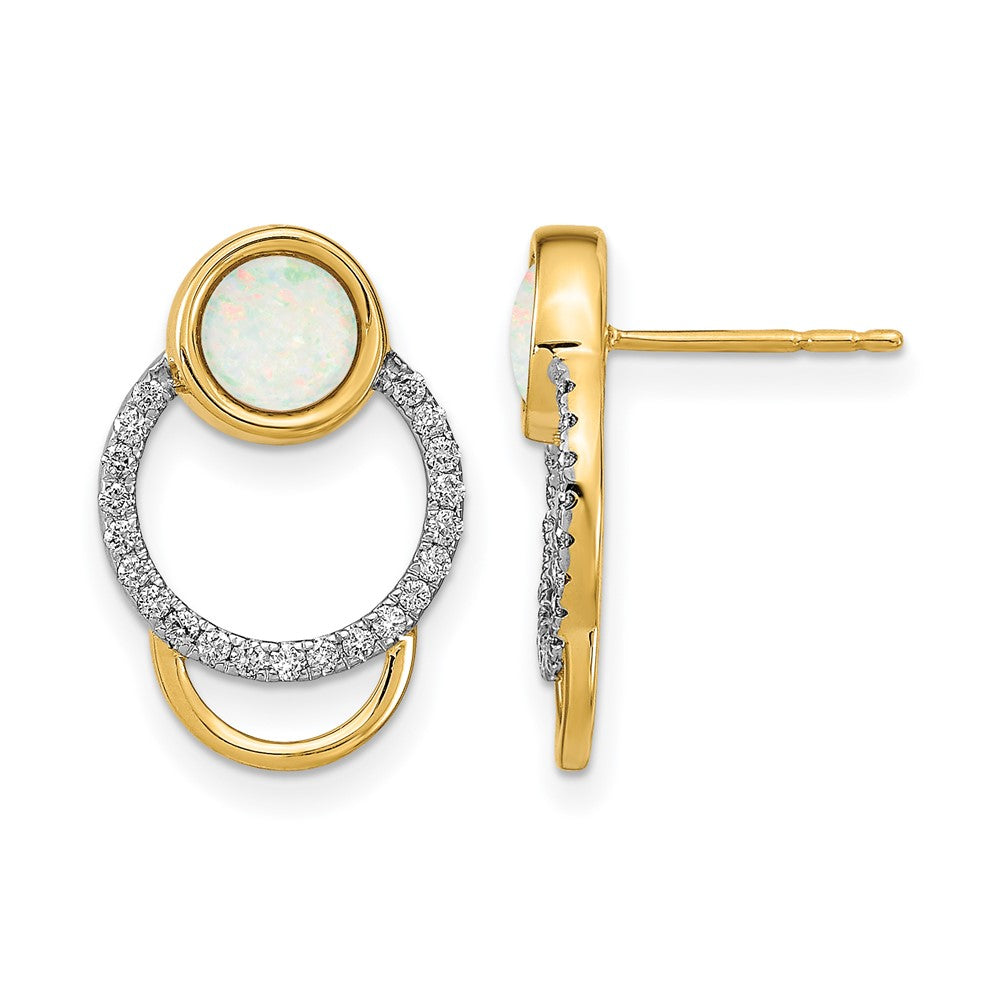 14K Gelbgold Polierte Ohrstecker mit echtem Diamant und Opal, Kreis-Design