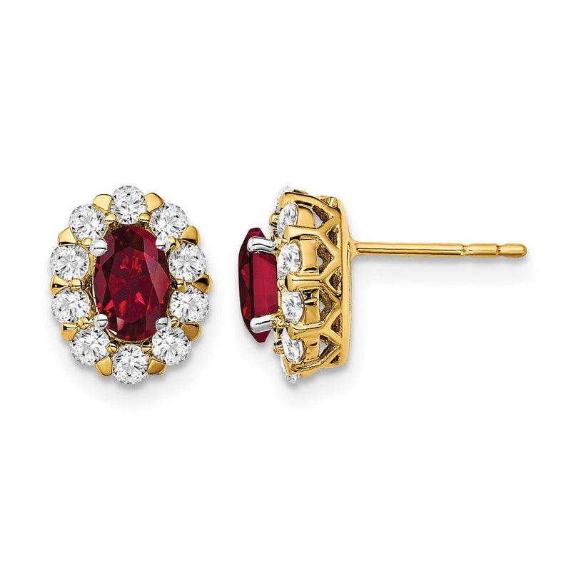 14K Gelbgold-Ohrstecker mit 0,75 ct. laborgezüchteten Diamanten VS/SI+ G+ und ovalem gezüchtetem Rubin-Halo